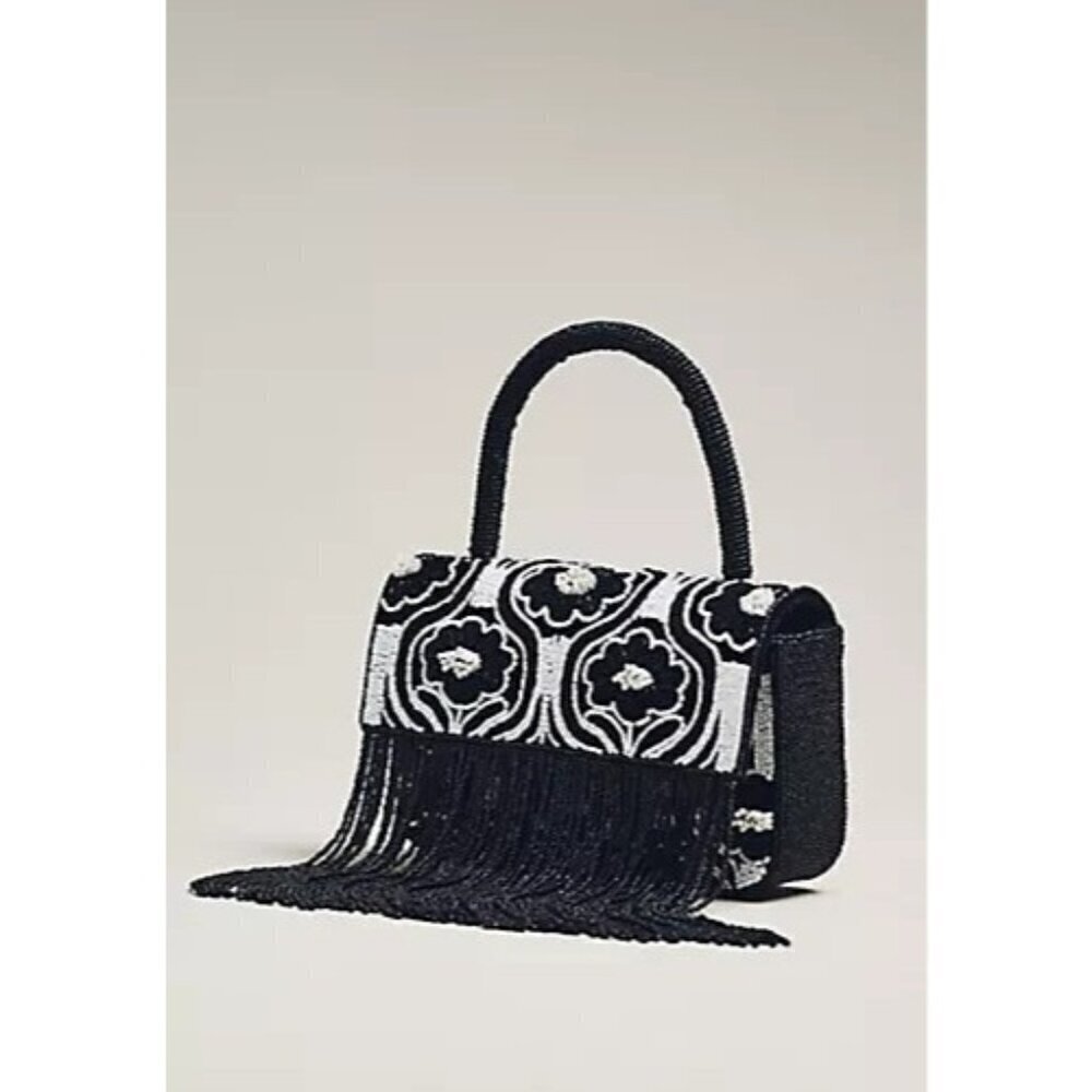 Beaded Fringe Floral Top-Handle Bag Black White